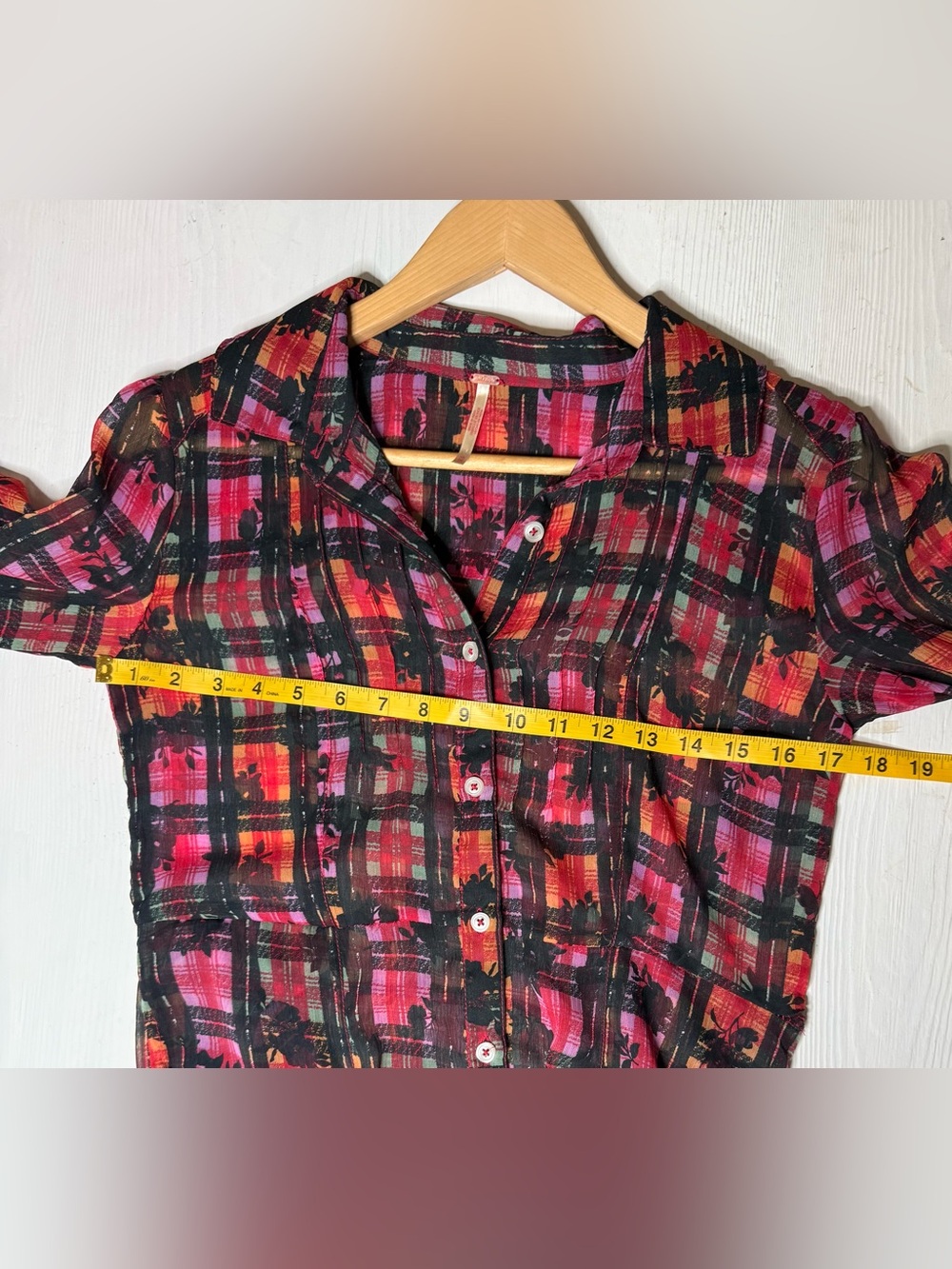 Free People Jerra Plaid Floral Maxi Shirt Dress Sheer Black Pink Orange XS Boho - Picture 8 of 9